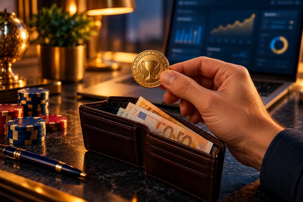 Hand holding a coin over a wallet next to a laptop with a transaction history