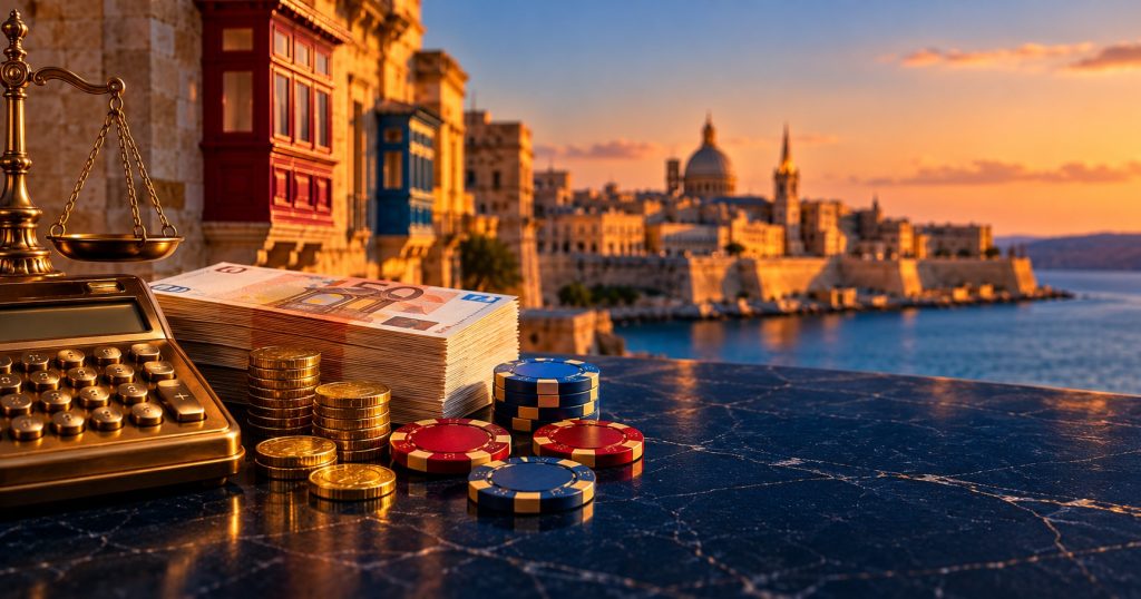 Euro notes, calculator and casino chips on a table by a traditional Maltese balcony