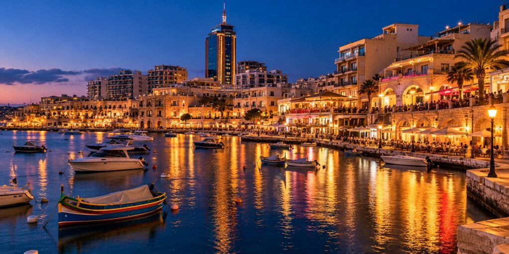 Spinola Bay and the Portomaso tower in St Julian's at dusk, the area that is home to three of Malta's four casinos