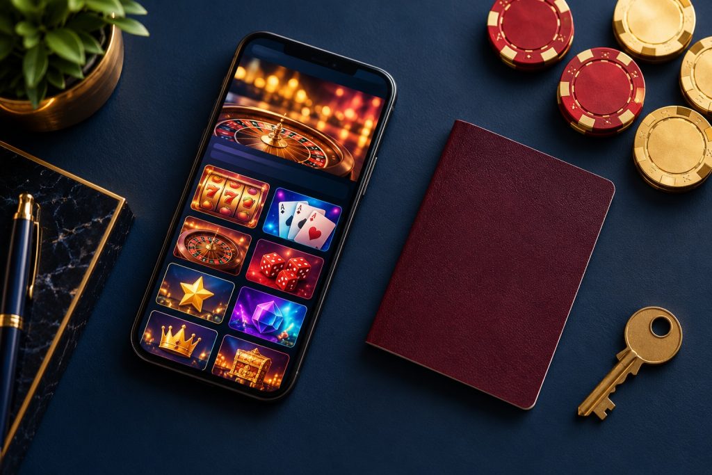 Smartphone showing a casino site next to an ID card and a key, ready for a licence and identity check