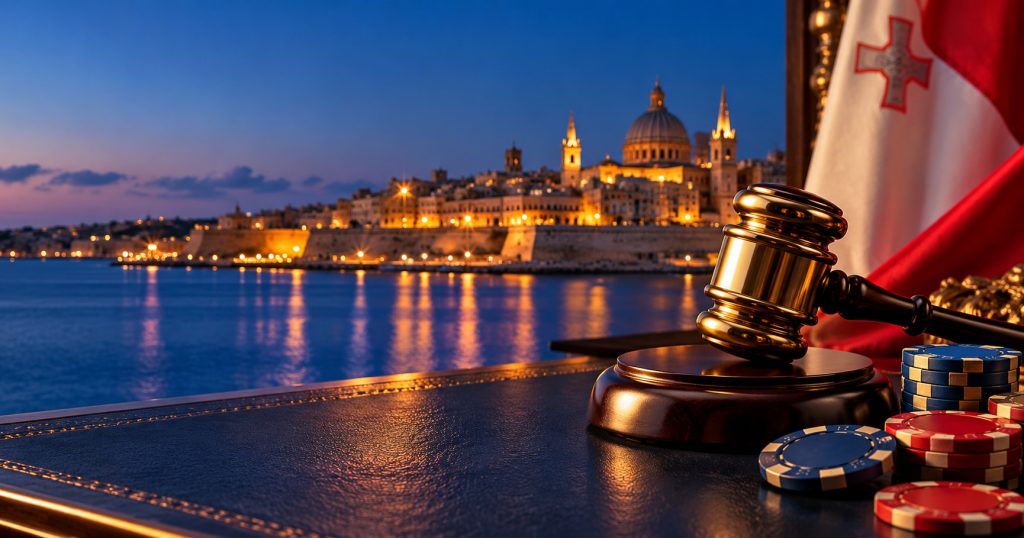 Judge gavel and casino chips with Valletta skyline at blue hour